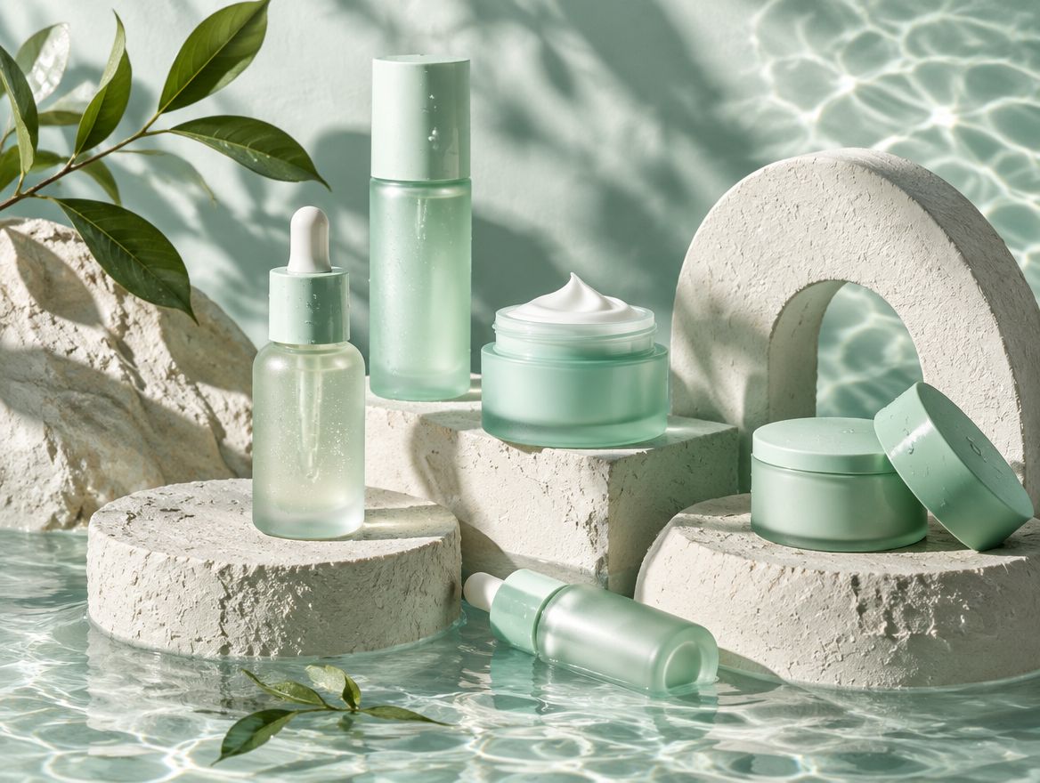 Mint-green skincare bottles and jars on stone blocks in shallow, sunlit water