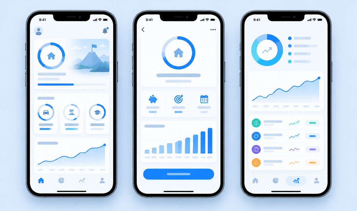 Three phones showing a finance app: a dashboard, savings goals and growth charts